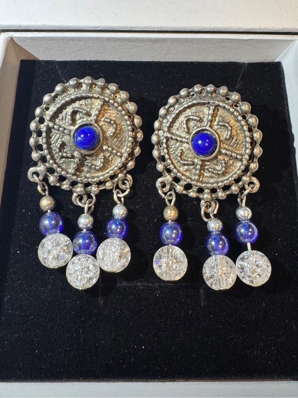 Vintage Artisan Silver-Tone Blue Bead Drop Earrings